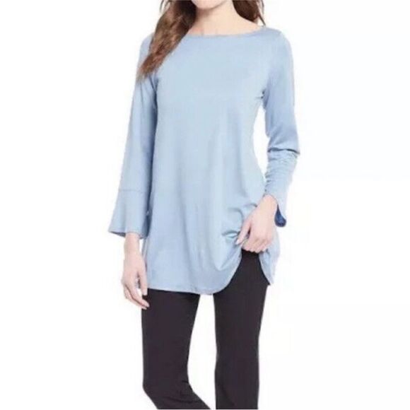 EILEEN FISHER Blouse Top Women Medium Haze Bateau Neck Bell Sleeve - Picture 2 of 10